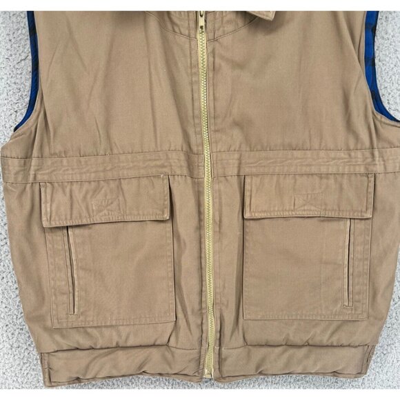 VTG Branded Lion Men's Brown Vest Pockets Insulated Blue Plaid Liners Size L - Picture 3 of 15